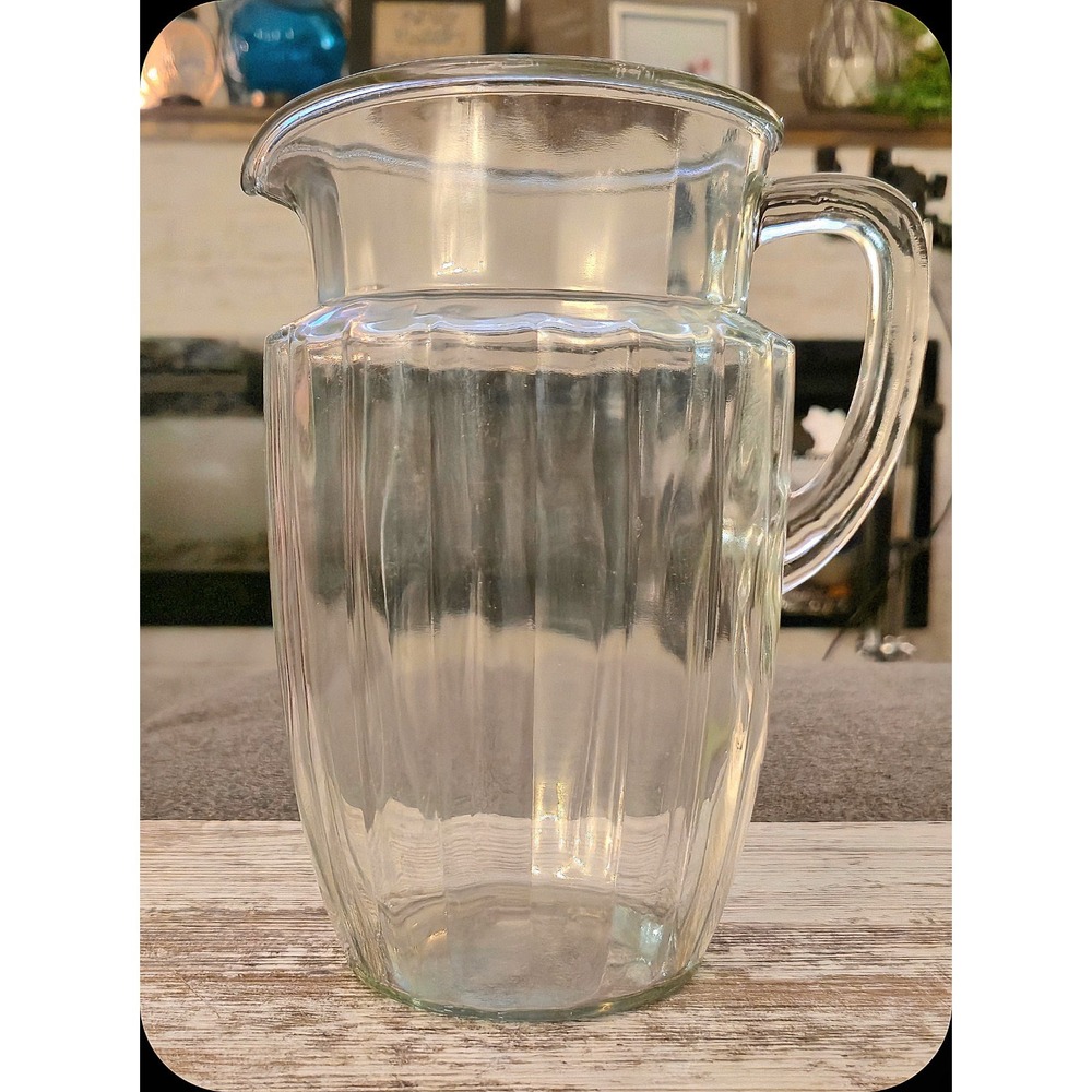 Vintage Clear Glass Water Pitcher 8" Vertical Ribbed Paneled Heavy Beverage Jug
